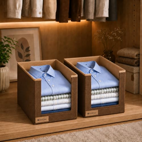 Image of VERVENIX Shirt Stacker Set of 2, Non Woven Foldable Clothes Storage Organizer with Handle, Wardrobe Closet Organizer, Space Saving Cloth Organizer for T-Shirts, Shirts, Jeans, Brown