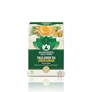 Maharishi Ayurveda Organic Certified Tulsi Green Tea Lemon Ginger | With Tulsi, Green Tea, Ginger & Lemongrass | Supports Stress Relief, Energy & Balance | 20 Tea Bags (30g)