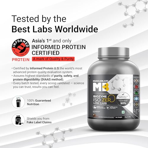 Image of MuscleBlaze Biozyme Iso-Zero Whey Protein Isolate Powder, 2kg (4.4lbs) | Ice Cream Chocolate | 27g Protein Per Scoop | USA Patent-Published Enhanced Absorption Formula (EAF)