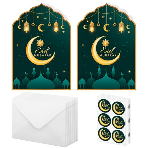 Lucleag Pacote com 20 cartões comemorativos Eid Mubarak com envelopes e selos adesivos, cartão de fe