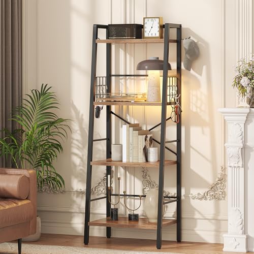 Chartyou 4 Tier Ladder Shelf, Rustic Brown Industrial Bookshelf - Standing Bookcase Storage Unit Shelving for Living Room, Bedroom, Kitchen, 43x30x110cm