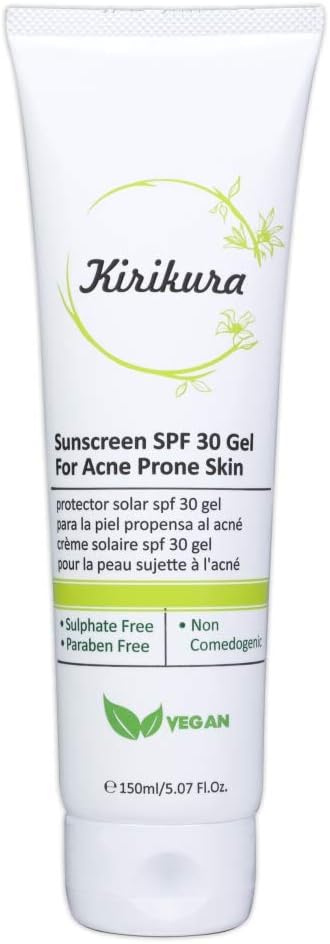 KIRIKURA Vegan Sunscreen Broad Spectrum, UVA/UVB, SPF 30, Oil Free, Transparent Moisturising Gel for Acne Prone Skin.