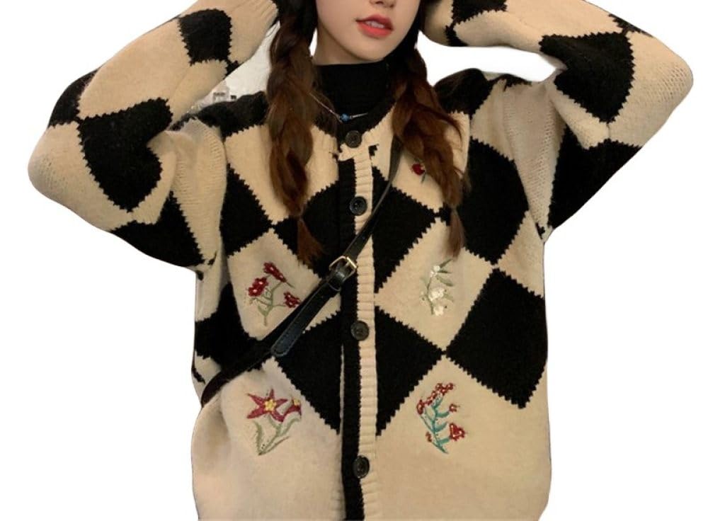 HGJH Damen Strickjacke lässige Blumenstickerei Knöpfe vorne offen Strickjacke Elegante Übergangsjacke Leichter Kimono Mantel Oberbekleidung Herbst und Winter S