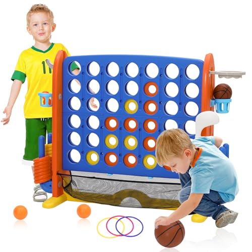 4 en1Jeux Puissance 4 Géant Réglable Hauteur avec 42 Anneaux Géants 1 Filet,Jeu de Stratégie avec Porte-Anneaux,Levier de Réinitialisation pour Enfants...