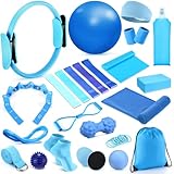 24 Pcs Home Pilates Essentials Kit for Women, Pilates Equipment Ring and Ball Set with Stretching Strap, Water Bottle, Magic Circle, Yoga Ring, Gym Bag, Resistance Band, Anti Slip Socks(Blue)