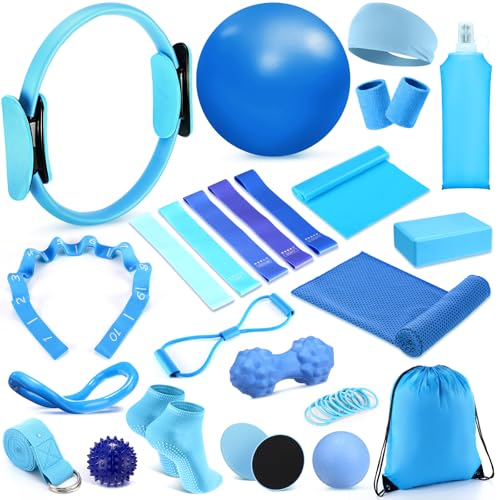 24 Pcs Home Pilates Essentials Kit for Women, Pilates Equipment Ring and Ball Set with Stretching Strap, Water Bottle, Magic Circle, Yoga Ring, Gym Bag, Resistance Band, Anti Slip Socks(Blue)