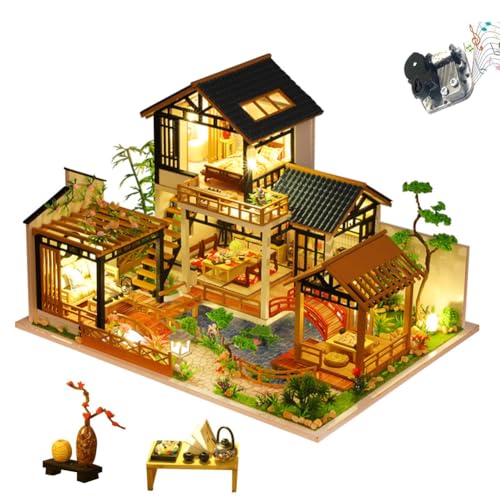 Kit de casa de bonecas em miniatura, casa de estilo chinês artesanal, mini quebra-cabeças 3D, casa de bonecas com móveis e música, modelo de construção, artesanato criativo para aniversário de