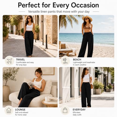 Image of Women Linen Wide Leg Pants High Waist Drawstring Elastic Waist Trousers Breathable Lightweight Summer Palazzo Pants Casual Travel Lounge Wear with Pockets