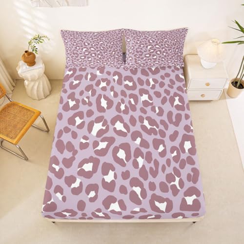 Homewish Juego de sábanas bajeras con estampado de leopardo morado polvoriento, tamaño King, con 2 fundas de almohada, con bolsillo profundo de 40 cm