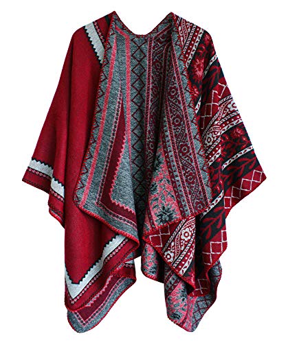 Urban CoCo Women's Color Block Shawl Wrap Open Front Poncho Cape, Series 27-wine Red, One size