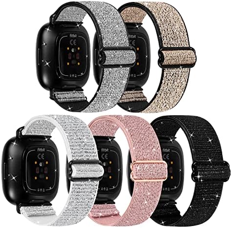 Sport Solo Loop Strap Compatible with Fitbit Versa 3/ Sense Adjustable Stretch Braided Elastics Nylon Replacement Wristband Women Men Small Large Size(5 Pack)