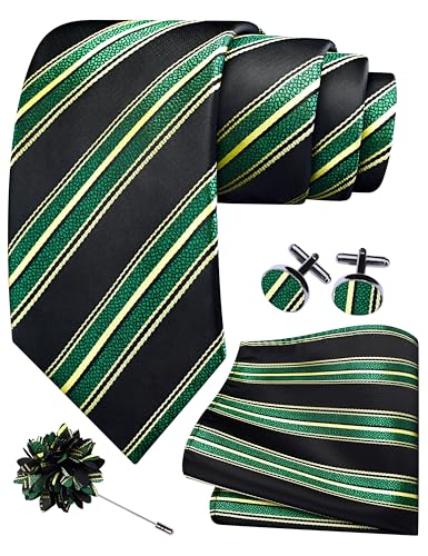Image of GUSLESON 3.15 inch(8cm) Mens Stripe Tie and Lapel Pin Necktie Hankerchief Cufflinks Set for Men