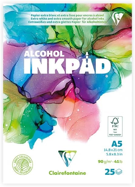 Clairefontaine 976106C Drawing Pad Alcohol Inkpad A5 14.8 x 21 cm Glued 25 Sheets 90 g Especially for Alcohol Inks Extra White Pack of 1
