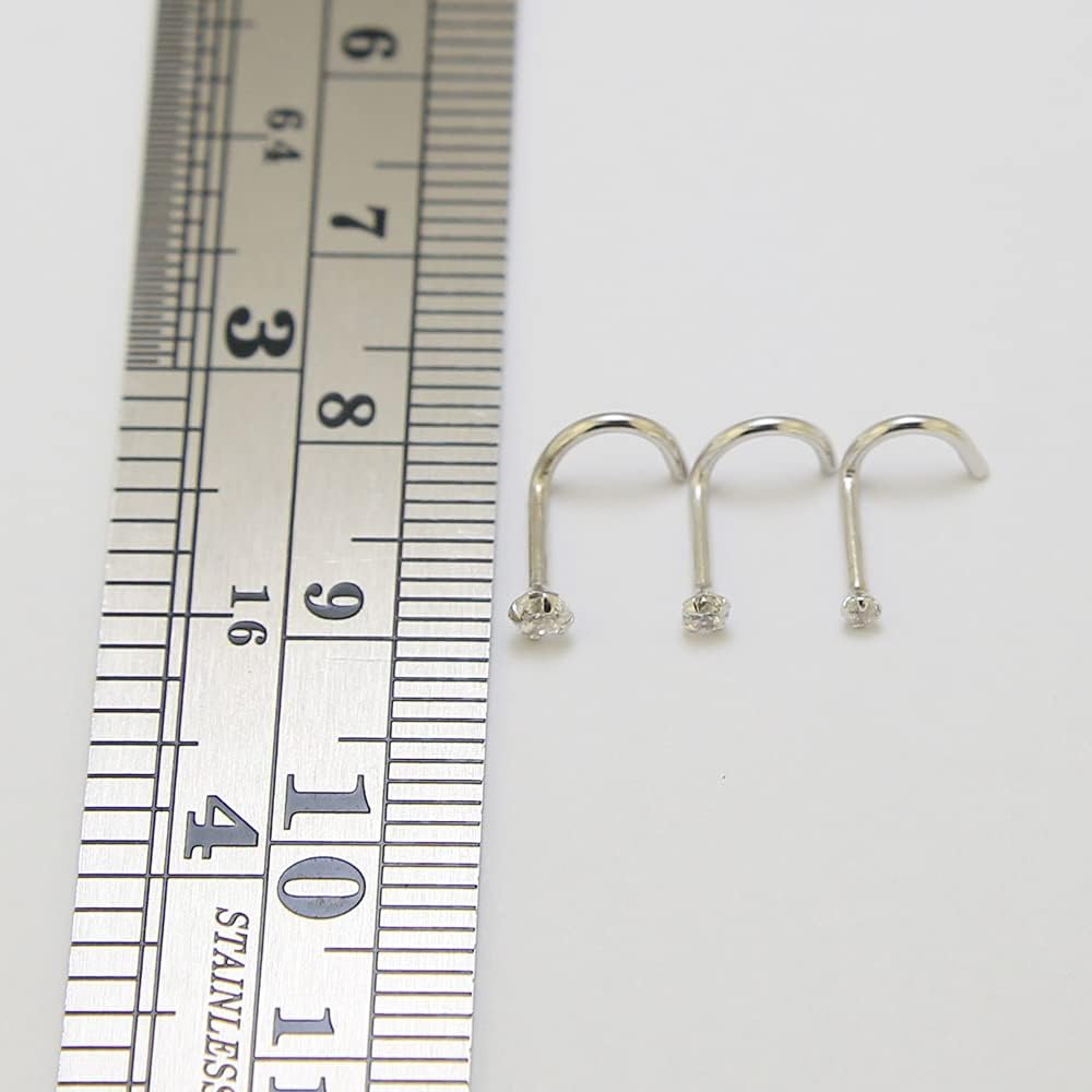 14K Solid Gold with Round Cz Gemstone 18 Gauge Corkscrew Twist Nose Screw Piercing Jewelry