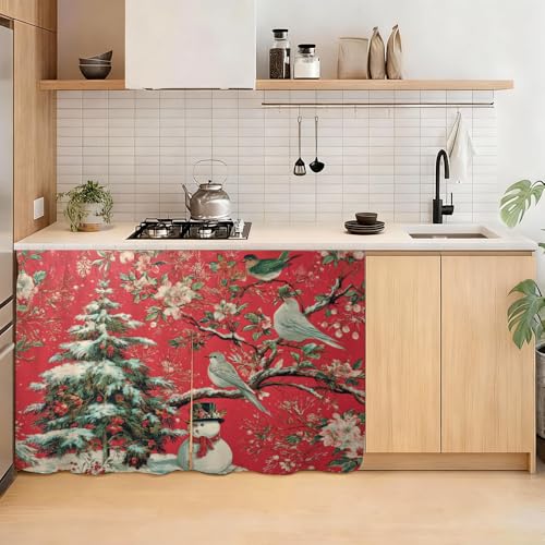 Image of Self Adhesive Red Bird & Pine Tree Cabinet Curtain for Mother's Day, 39x28 Inch Vintage Floral Under Sink Skirt No Drill, Spring Cleaning Kitchen Decor, Hook and Loop Laundry Valance