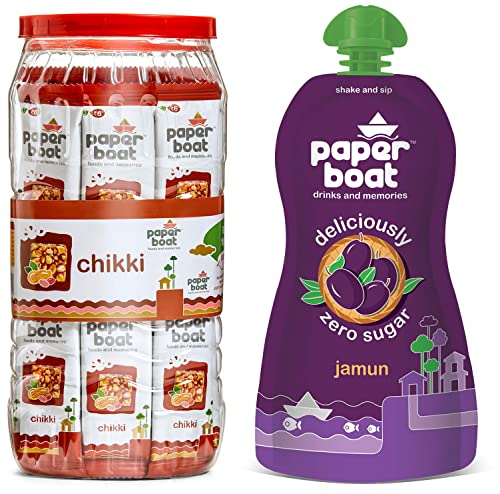 Image of Paper Boat Chikki Jar, Peanut Bar (50 Pieces, 16 Gram Each), Jamun, Fruit Juice, Zero Sugar Low-Calorie Drink (Pack Of 6, 200Ml Each) No Added Preservatives And Colours