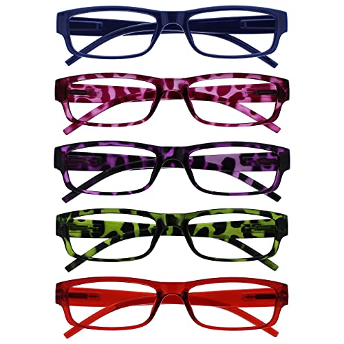The Reading Glasses Company OPULIZE ACE Lesebrille für Damen und Herren - 5er-Pack - Schmaler Rechteckiger Rahmen - Komfort Federscharniere - Kratzfest - Blau Rosa Lila Grün Schildpatt Rot +2.50