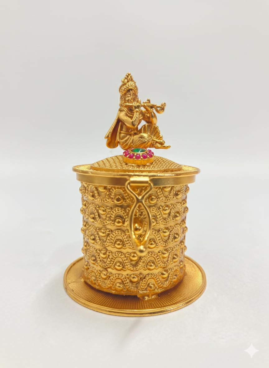 Golden Treasure Antique Handcrafted Krishna Kumkum Box – Gold-Tone Decorative Sindoor Holder with Flute Krishna Lid, Traditional Pooja Container, Spiritual Gift & Temple Décor Sindoor Dibbi-picture-23