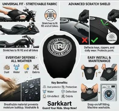 Image of Arhaan Art Modification Bullet Meteor Petrol Tank Cover Black,Universal FIT Stretchable Fabric, Since 1901 Logo