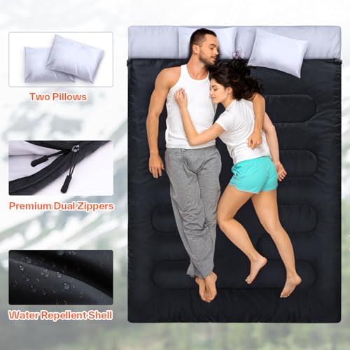 Miniatura 3 de Ohuhu Saco De Dormir Doble Enorme 220x150cm Con 2 Almohadas Y Una Bolsa De Transporte, Cuatro Doble Tiradores De La Cremallera - Temperatura Cómodo: -5 C 10 C, Negro