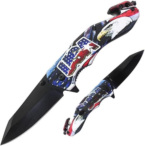 Miniatura 10 de Cuchillo de bolsillo táctico EDC de 8 pulgadas con gráficos impresos UV mango ABS con forro de acero.