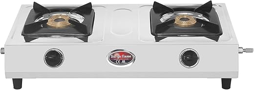 Surya Flame Crown Gas Stove 2 Burners Manual Ignition LPG Stove With Stainless Steel Gas Chulha With MS Pan Support 2 Years Complete Doorstep Warranty