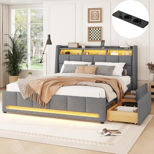 Zepneiy Lit 160x200 avec Sommier LED et USB, Lit Coffre 160x200 avec 2 Tiroirs et Tete de Lit Réglable, Lit Double avec à Lattes, Lit 2 Personnes Lit Rembourré Cadre de lit 160x200(sans Matelas)