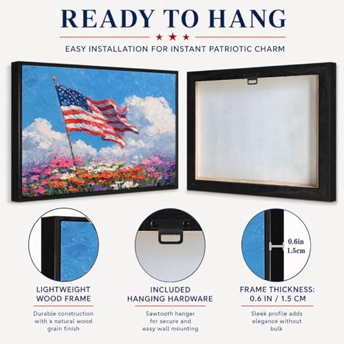 Image of American Flag Framed Canvas Wall Art, 4th of July Floral Canvas Prints, Wildflower Landscape Patriotic Decorations, Vintage Rustic Independence Day Wall Decor for Bedroom Living Room Office 8x10