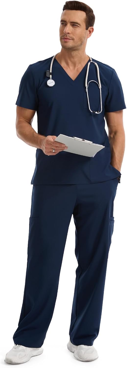 Scrubs for Men Set, V-Neck Scrub Top and Straight Leg Pants with 9 Pockets & 4-Way Stretch Fabric