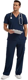 Scrubs for Men Set, V-Neck Scrub Top and Straight Leg Pants with 9 Pockets & 4-Way Stretch Fabric