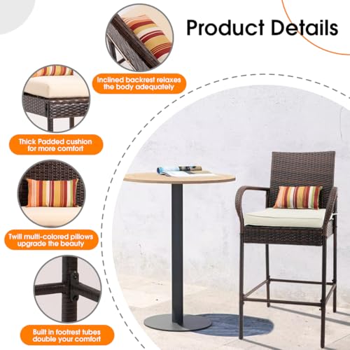 Sundale Outdoor Wicker Bar Stool Set of 4, Patio Counter Height Pub Chair with Arms, High Top Rattan Barstool, Cushion Beige, All-Weather Outdoor Rattan Furniture - Steel, Brown - Thumbnail 5