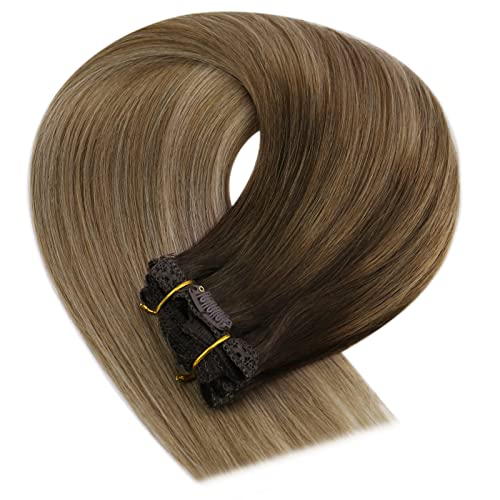Image of YoungSee 135g Clip in Hair Extensions Brown Human Hair Clip in Extensions Dark Brown Mix Light and Ash Brown Real Human Hair Extension Clip ins for Women 16inch