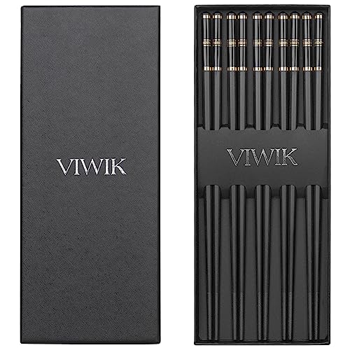 Viwik 5 Pairs Premium Chopsticks Gold Edged Stainless Steel Pipe Fittings Reusable Chop Sticks Dishwasher Safe 9.6 Inch Gift Set #TOP7