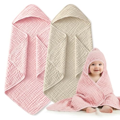 Image of Hooded Baby Bath Towels for Newborn, 2 Pack - 6-Layer 100% Muslin Cotton, Soft Absorbent Baby Towels with Hood for Babies, Infants & Toddlers, Large 32x32 Inch Unisex Newborn Baby Bath Essentials