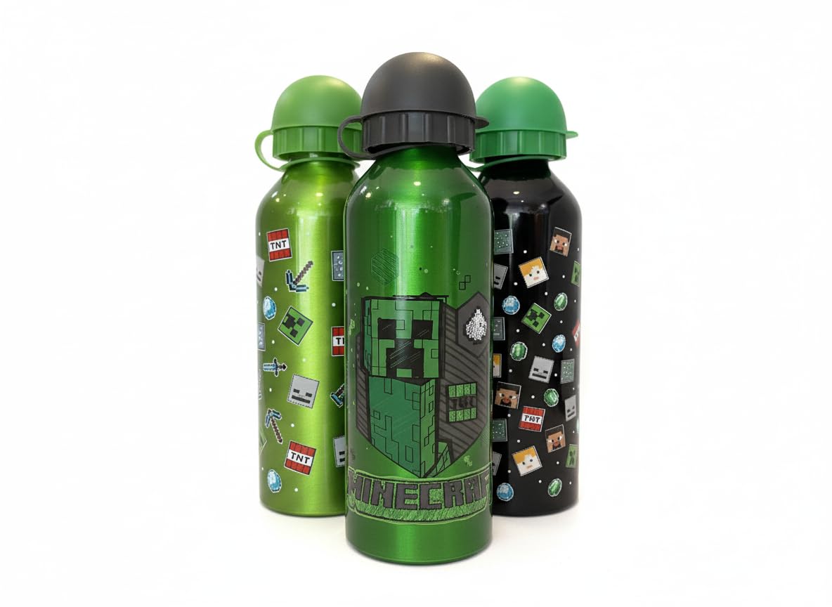 Minecraft Aluminium Water Bottle Set – Pack of 3 Assorted Designs, 500ml Leak-Proof Screw Cap, BPA-Free, Lightweight & Durable for Kids, School, Sports, Travel, Green