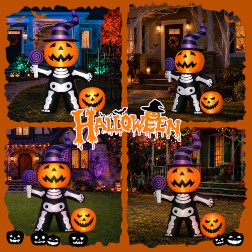 Halloween Inflatables Pumpkin Outdoor Decorations, 5.6 FT Pumpkin Skeleton Blow Up Yard Decor with Built-in LED Lights Halloween Blow up Inflatables for Lawn, Garden, Trick or Treat Holiday Party by jnyhfen - Used condition - Image 3