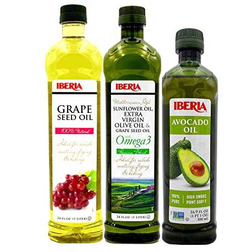 Iberia 100% Pure Avocado Oil, 16.9 fl oz + Iberia All Natural Grapeseed Oil, 34 fl. oz. + Iberia Mediterranean Style Omega 3 Cooking Oil, 34 fl oz