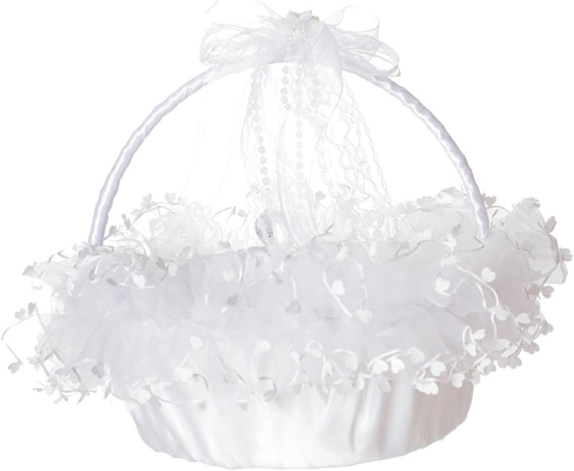Mikikit Wedding Flower Girl Basket Foldable Handheld Lace Design White Decorative Basket for Wedding Ceremony Party Supplies