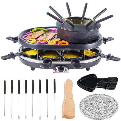 Electric Fondue Pot Set, 1300ML Fondue Pot with Grill Plate, 8 Color-Coded Forks, 8 Non-Stick Pans, Adjustable Thermostat Fondue Grill Combo for Chocolate, Cheese, Grilling for 8 People Parties