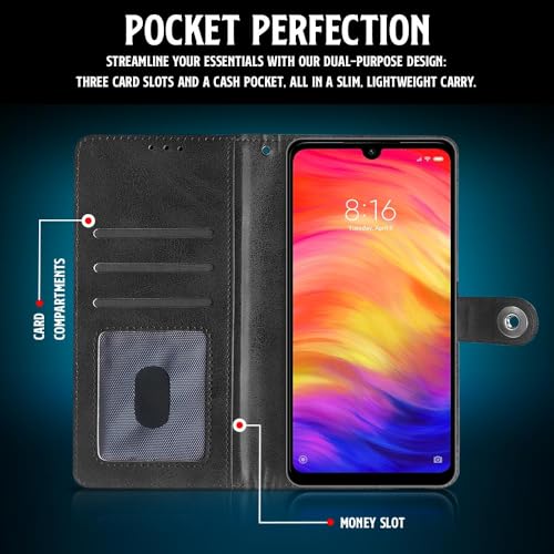 Image of WOW IMAGINE Shock Proof Flip Cover Back Case for Xiaomi Mi Redmi Note 7 | 7 Pro | 7S (Magnetic Button Flip Case | Wallet Pockets & Stand | Leather Finish | Haze Black)