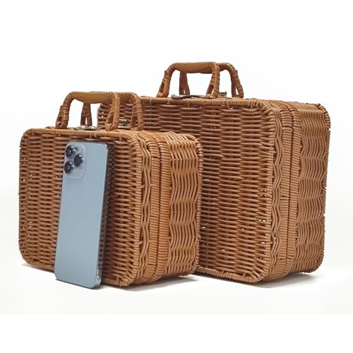 Mini Wicker Picnic Basket, Decorative Prop Suitcase Vintage Storage Hamper Makeup Organizer, 8.67" Metal Lock Plastic Rattan Storage Box with Handles for Sundries Travel Camping and Outdoor Party by Etnorsu - Image 6