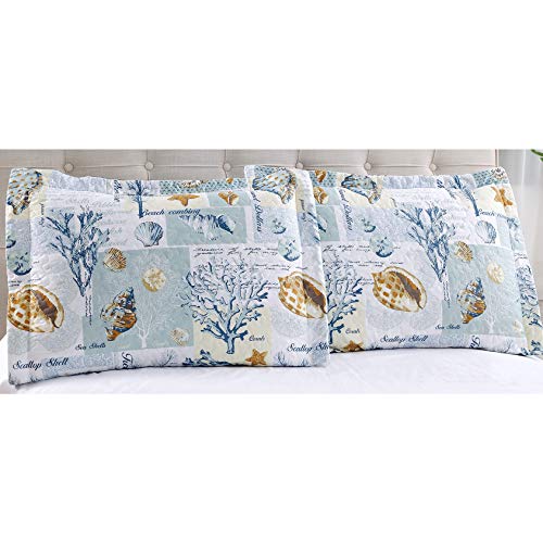 Green Essen Coastal Beach Bedding Bedspreads King Size Blue White Plaid Conch Shell Starfish Coral Ocean Quilts Soft Lightweight Lodge Coverlet Bed Cover Blanket Set #TOP3