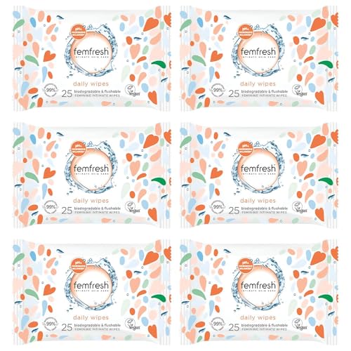 25 x 6 Femfresh Feminine Daily Intimate Wipes – pH & Microbiome Balanced, Biodegradable & Flushable Feminine Hygiene Wipes, Gentle Cleansing for Sensitive Skin, Freshness for Home & Travel