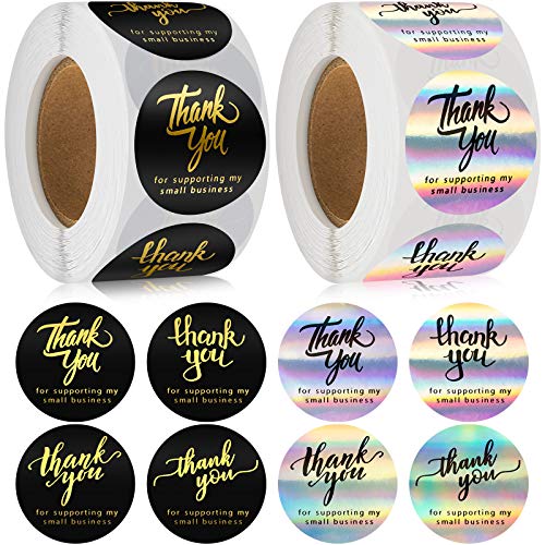 2 Rolls 1.5 Inch Thank You Label Stickers Seals Thank You for Supporting My Small Business Stickers Business Labels Seals Round Labels for Boutiques, Shops, Bags, Boxes, Envelope, 500 Per Roll