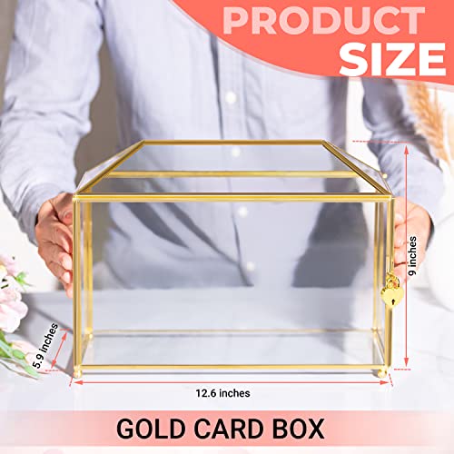 Homevec 12.6" Premium Large Gold Glass Wedding Card Box With Lock For Reception, Graduation Or Birthday Party - Handmade Decorative Box With Lid And Slot For Envelopes And Gifts - Keepsake Box #TOP4