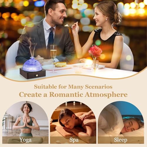 Image of Lecdura Glass Essential Oil Diffuser with Glass Reservoir & WoodBase, 200ml Ultrasonic Lock Color Timer Auto-Off 7 Color Light Aroma Glass Dome Diffuser for Home Office Bedroom Yoga - Dark Brown