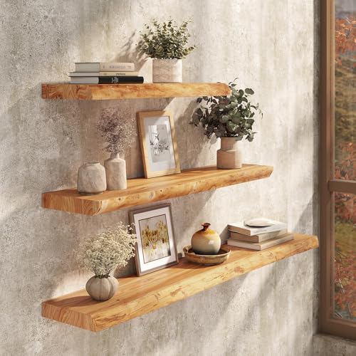 Image of 48 inch Floating Shelves, Solid Elm Wood, Natural Live Edge