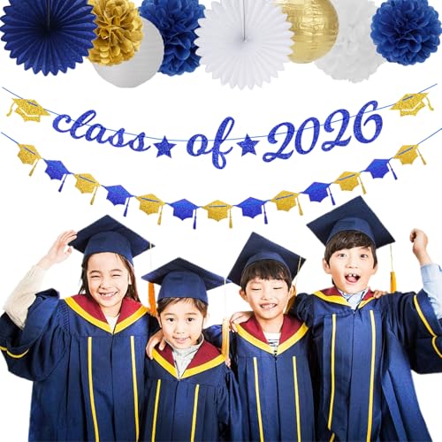 Image of Navy-Blue White Gold Graduation Party-Decorations Garland - 31pcs Congrats Grad Class 2026 Banner,Hat Hanging Streamers,College High School Congratulations Masters Classroom Backdrop Decor Burgleda