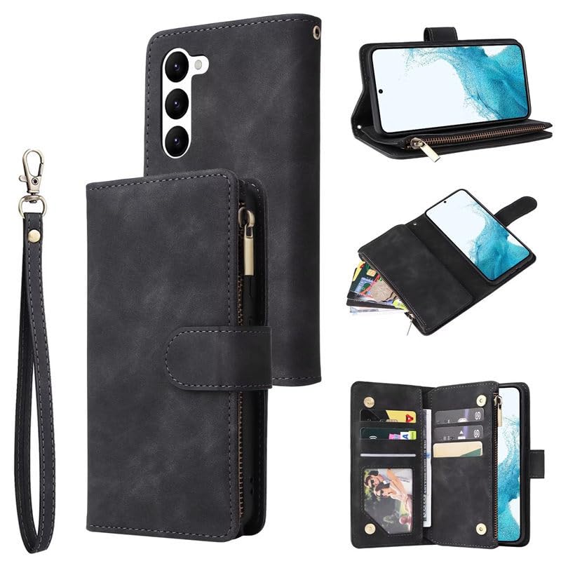 Étui compatible avec Samsung Galaxy S24 portefeuille noir en cuir