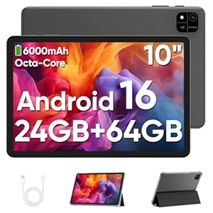 TUOHAITIME Android 16 Tablet 10 Zoll,24GB RAM+64GB ROM 2TB erweiterbar Tablet,Bildschirmauflösung 1280p,Unisoc T606 Octa-Core Prozessor,WiFi 6/Dual-Kamera/Face ID/GPS/6000mAh Akku (Schwarz)